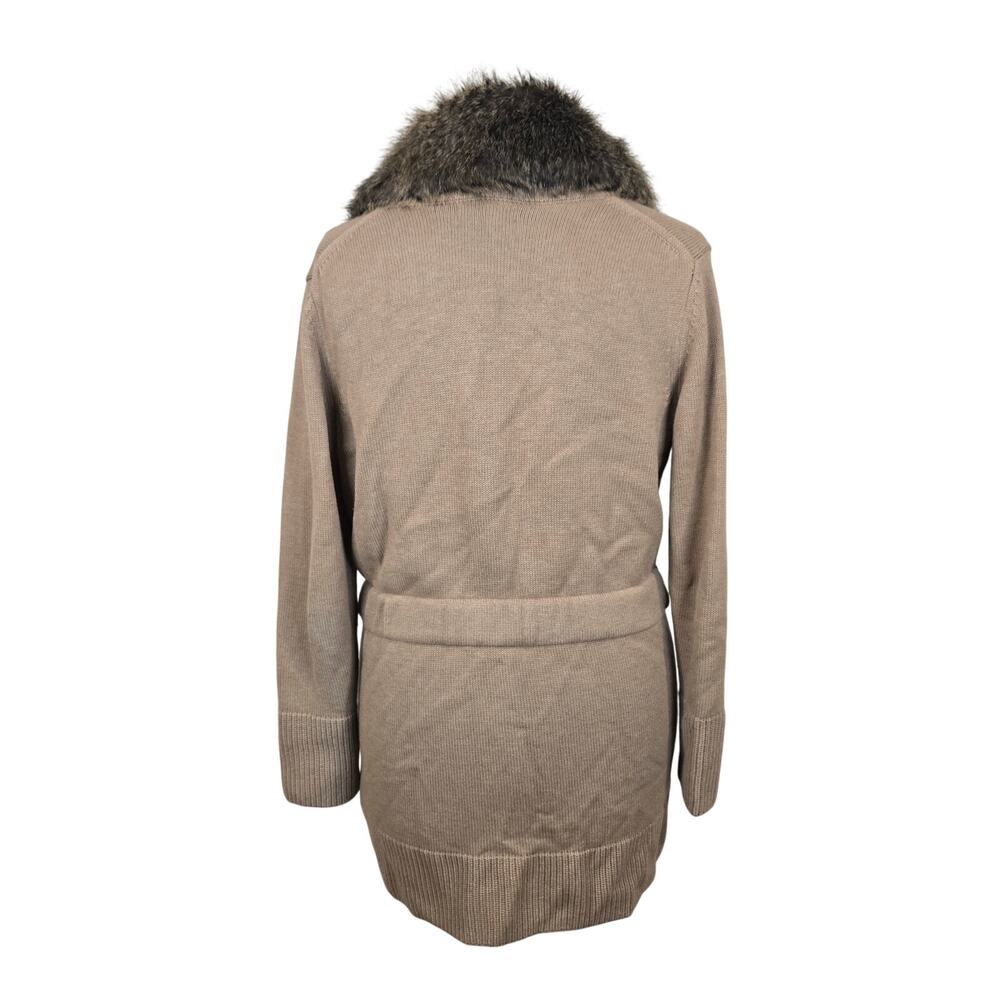 Women's Banana Republic Tan Belted Sweater Cardigan Faux Fur Trim | Size Small - Picture 3 of 7
